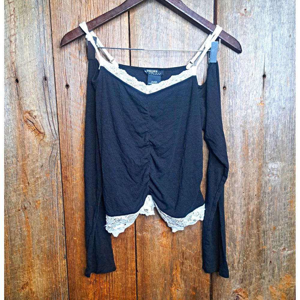 Romantic Dark Whimsigoth THORN & Fable Black/White Cold Shoulder Top Women's S